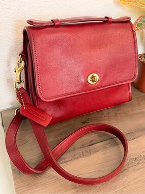 COACH VINTAGE RED LEATHER COURT SATCHEL CROSSBODY BRASS 9870